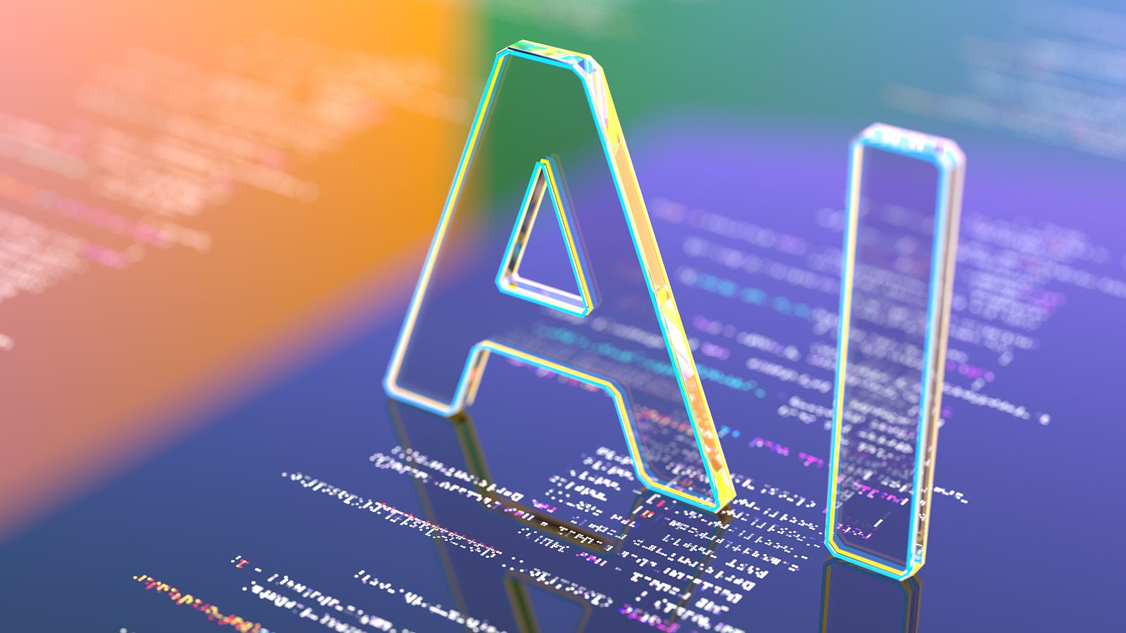 代码背景上的霓虹 AI 字样,示意内容与技术的交汇